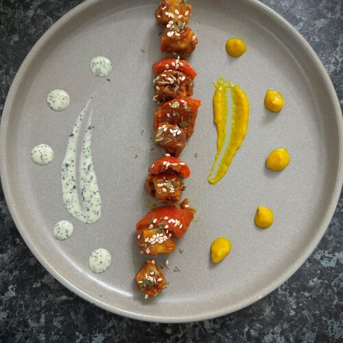 Gochujang paneer with Shreya’s Mango Chutney and a mint chutney